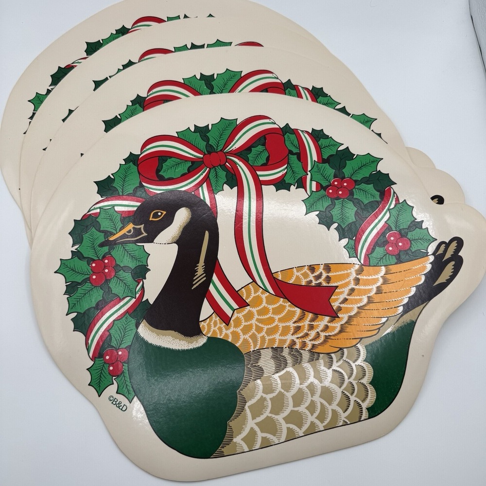 Set Of 4 Vintage Goose Christmas Placemats Canadian Wreath Ribbon